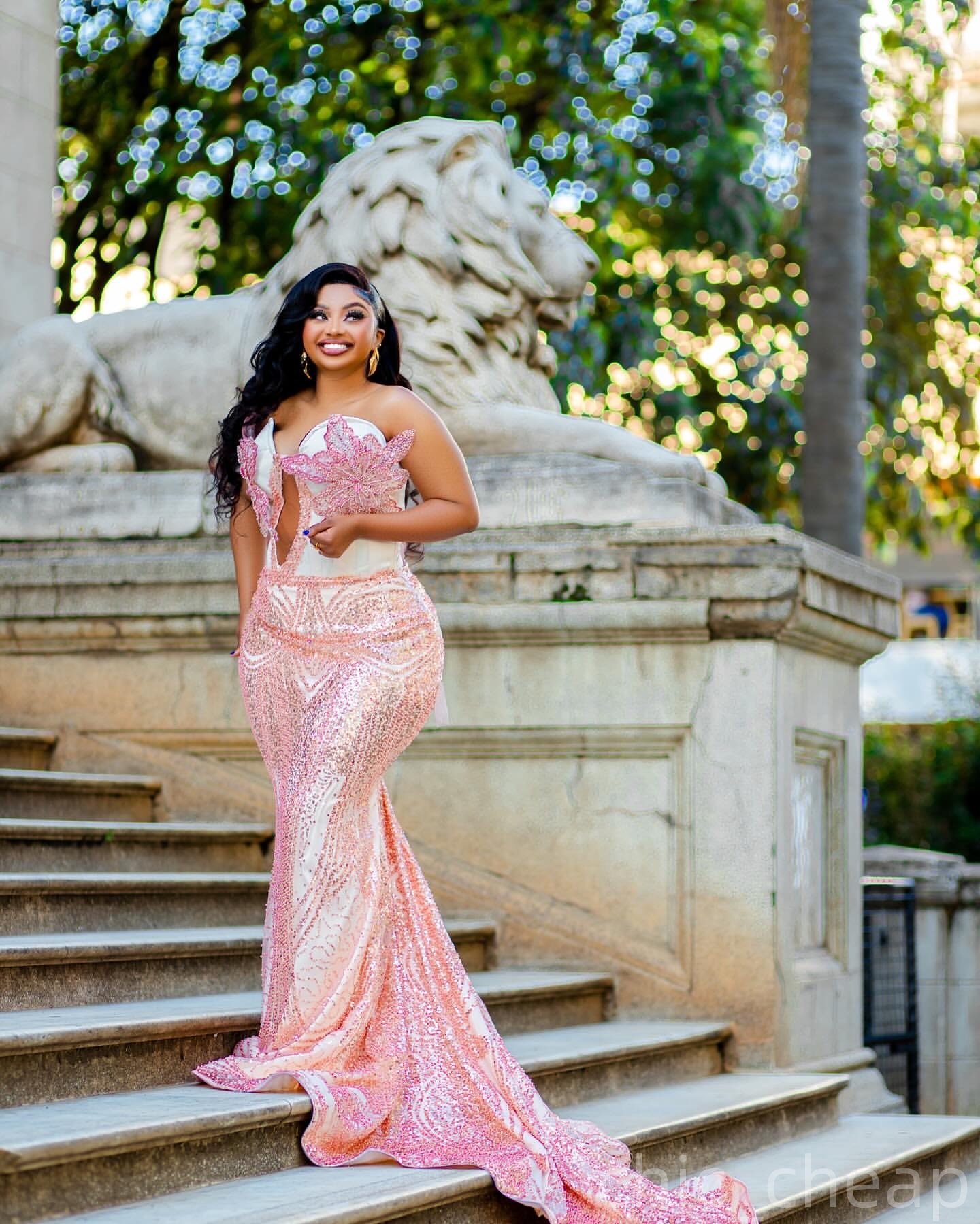 Pink Mermaid Prom Dresses 2025 Sequined Applique Sparkly Evening Formal Party Second Birthday Engagement Gowns Plus Size Dress For Special Occasions