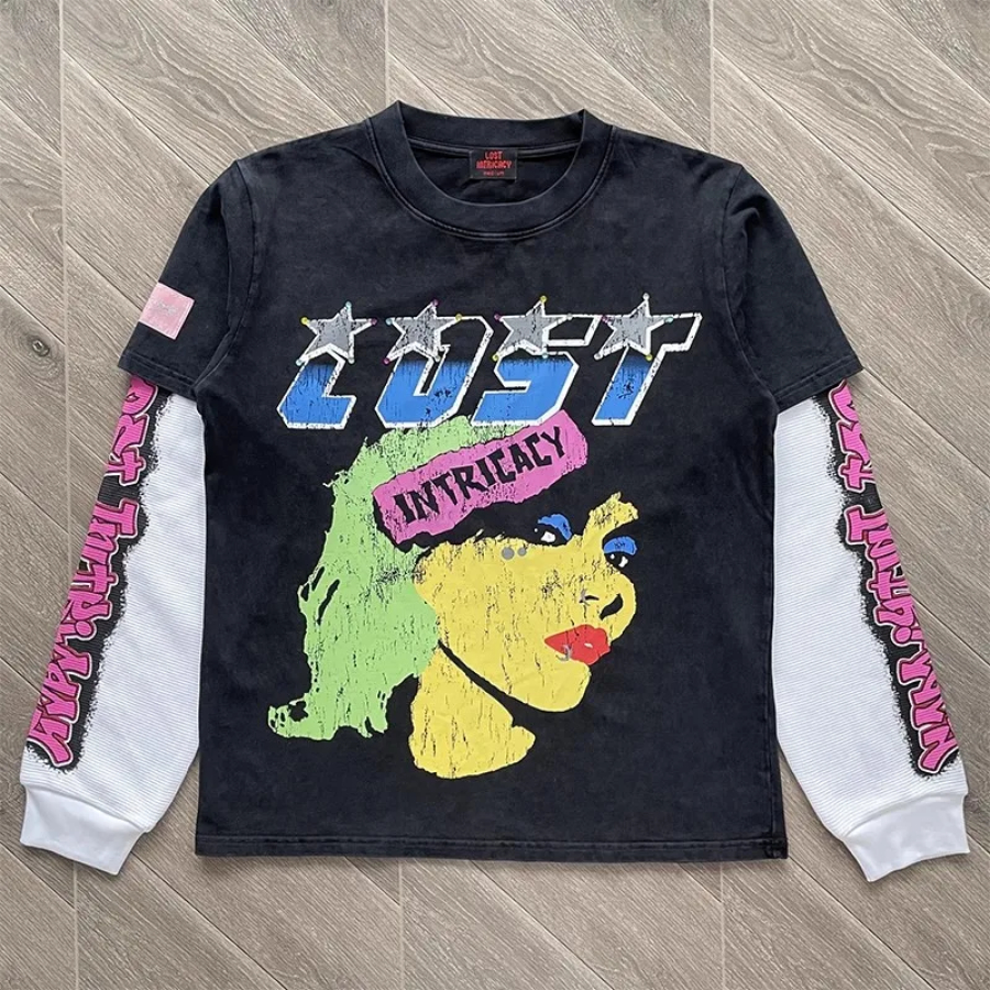 Fake Two Pieces Embroidery Shinestone Colorful Print T-shirt Men Women Black White Splice Washed T Shirt