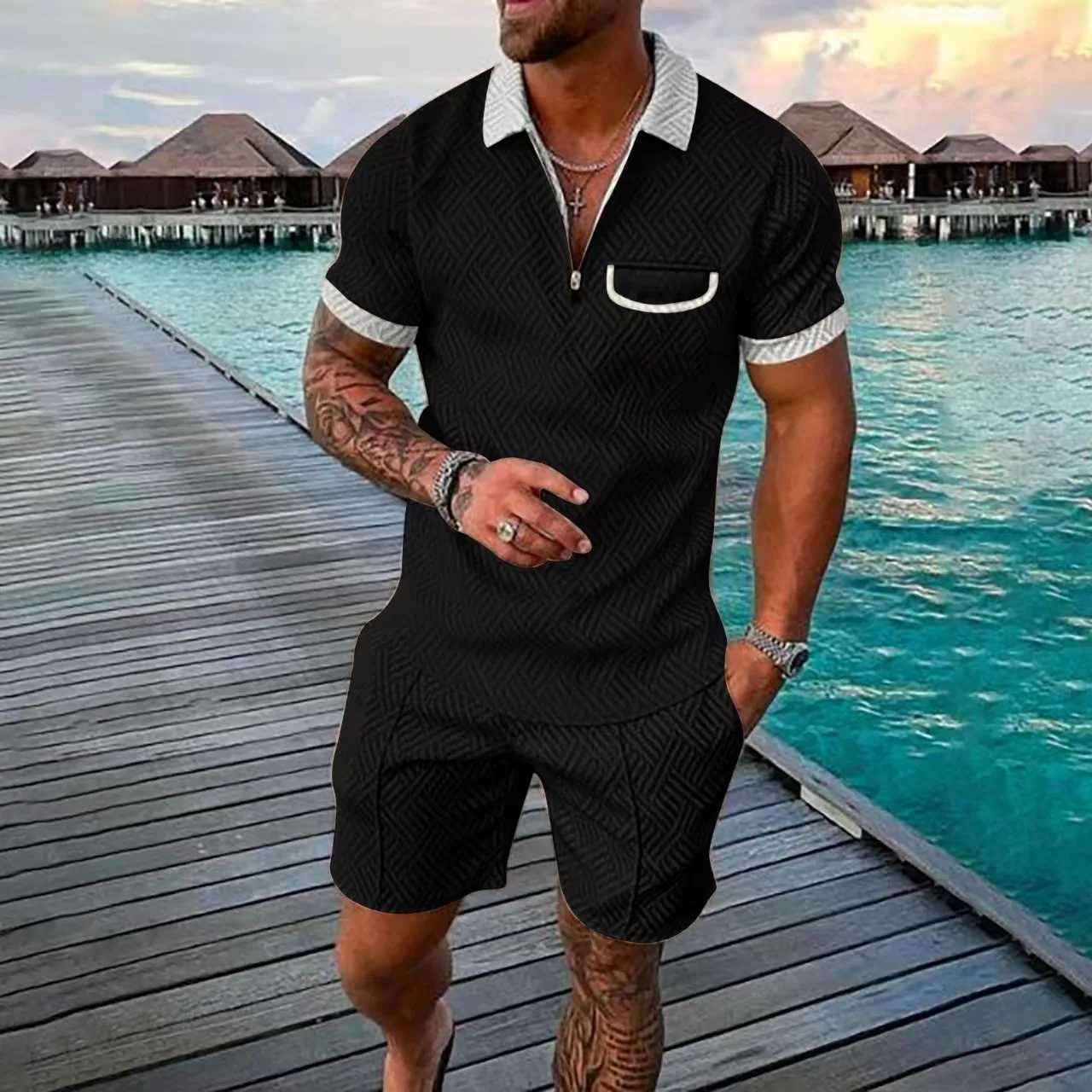 2025 new summer mens fashion lapel leisure sports set 3D digital printed zipper short-sleeved pullover pull-up shorts two sets W250609
