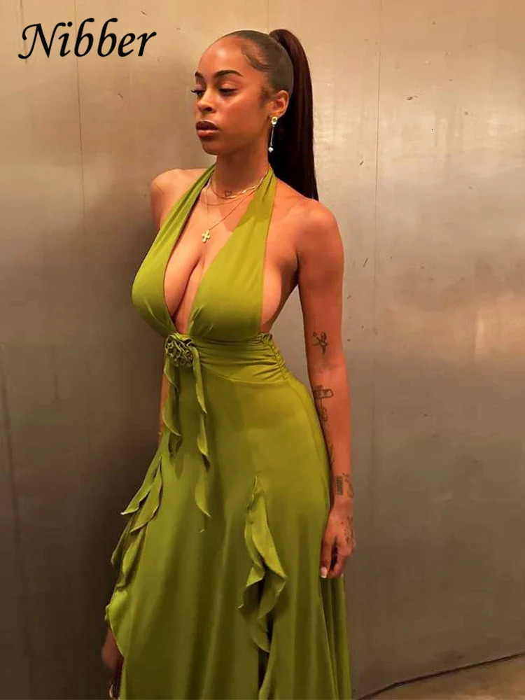 Nibber Appliques Tassel Dress Women Y2K Halter Backless Split Sexy Ruched Elegant Summer Back Ruched Beach Holiday Maxi Bodycon 250605