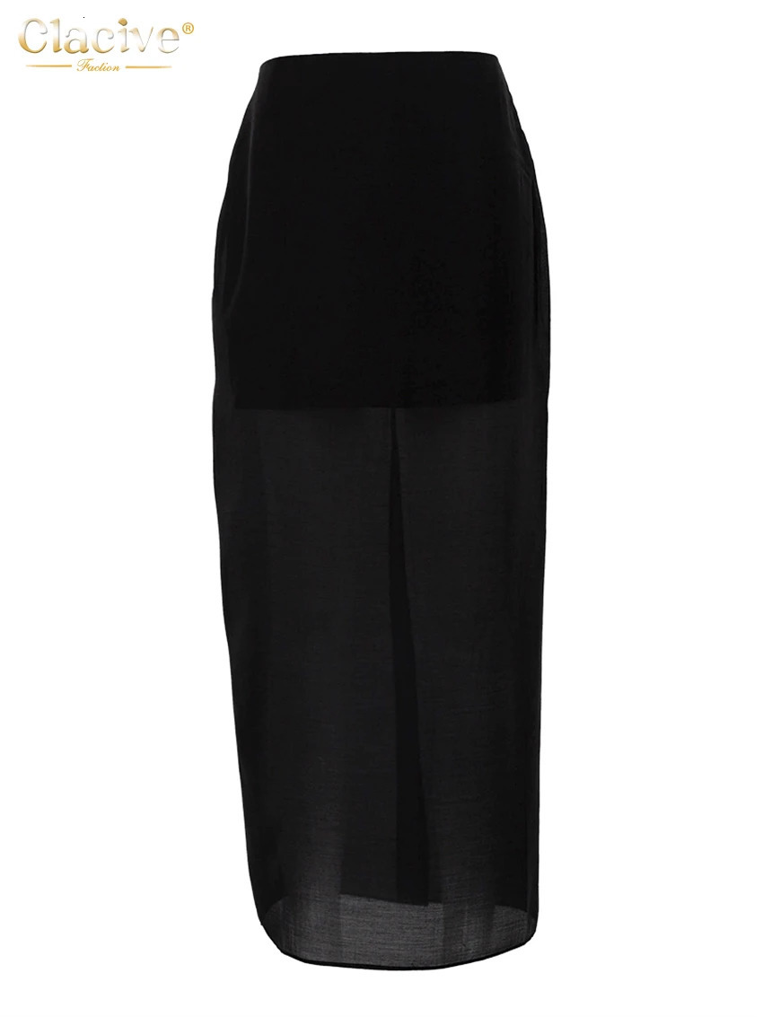 Clacive Fashion Loose Balck Women Skirt Casual High Waist Ankle Length Skirts Elegant Classic Mesh Spliced Skirt Female Clothing 250605