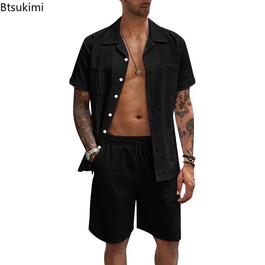 New Mens Summer Casual Sport 2 Piece Sets Fashion Cotton Linen Short Sleeve Shirt and Shorts Suit Men Loose Sport Shirt Outfits W250609