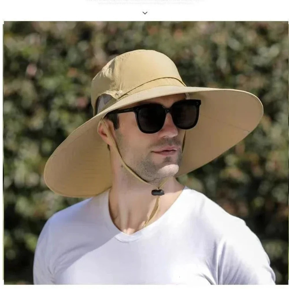 Summer 15CM Large Brim Sun Hat Men Breathable Mesh Fishing Caps Sun UV Protection UPF50 Fisherman Hats for Hiking Outdoor Beach 250605