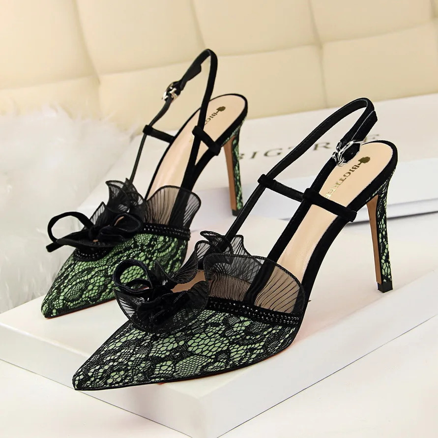 Fashion Women Sandals Mesh Rhinestone Lace Hollow Kitten Pumps Stilettos Summer 313-5Thin High Heel Single Shoes Grace Slippers 250605