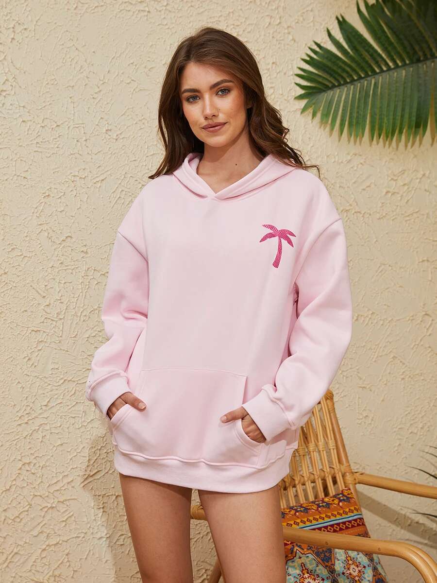 Womens Casual Long Sleeve Pullover Sweatshirt with Embroidered Floral Design and Kangaroo Pocket for Fall Style