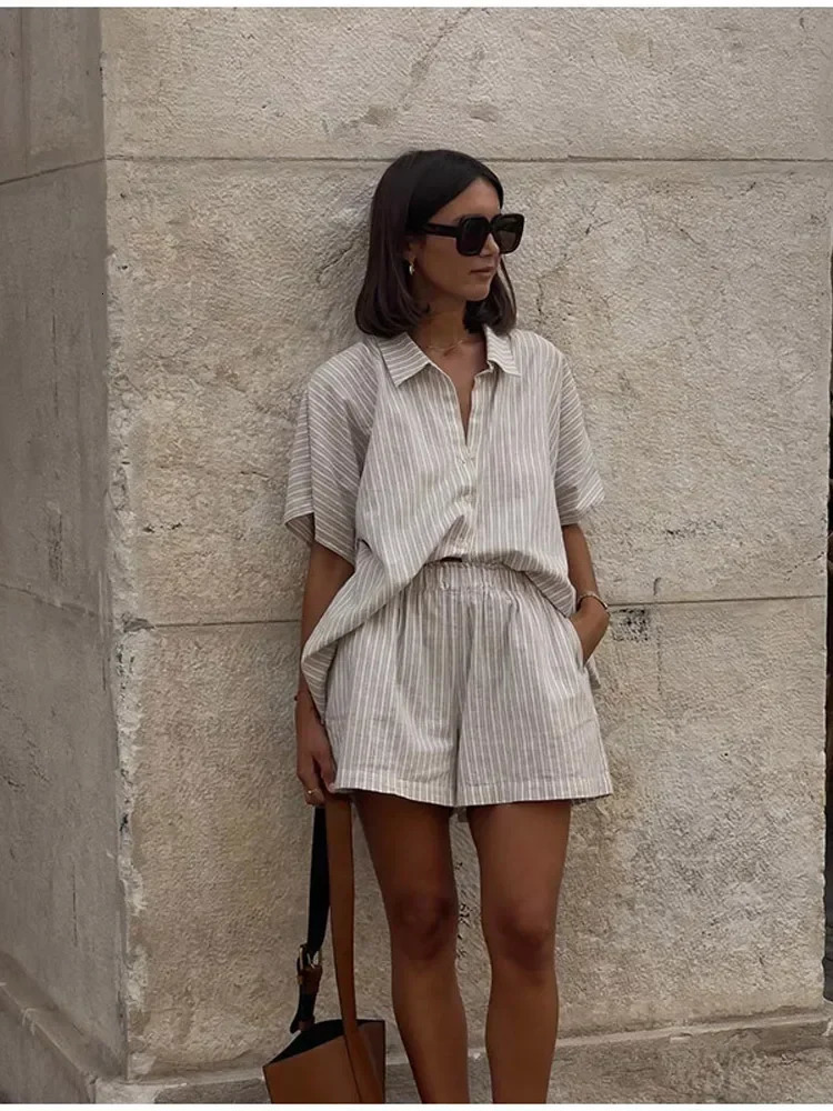Khakis Striped High Waist Short Suit Womens Casual Short Sleeve Button Loose Lapel Shirt 2 Piece Set Summer Lady Daily Outfit 250605