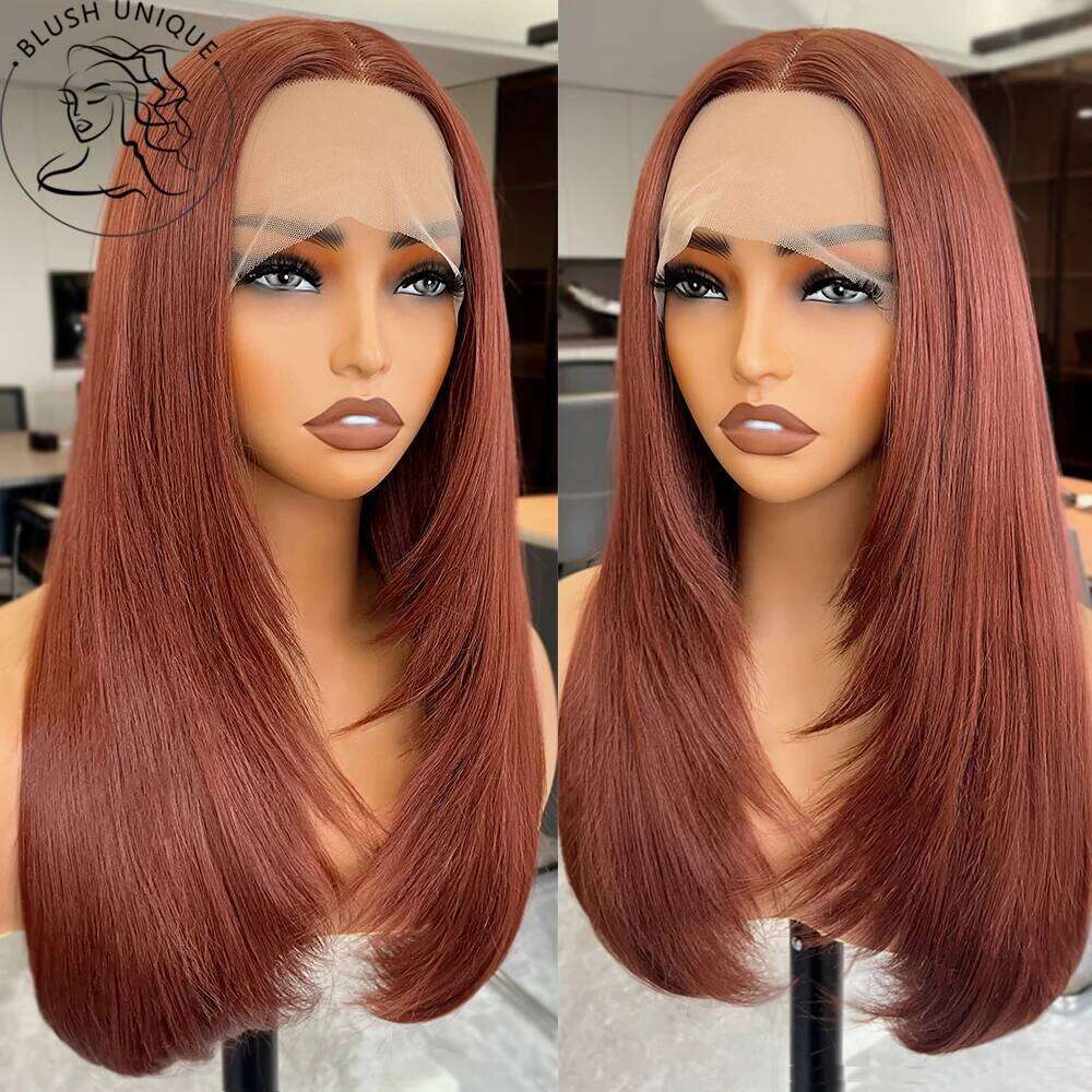 NAMM HD Straight Front Wig Reddish Brown Layered Cut Lace Copper Red Synthetic Butterfly Haircut Glueless Wigs