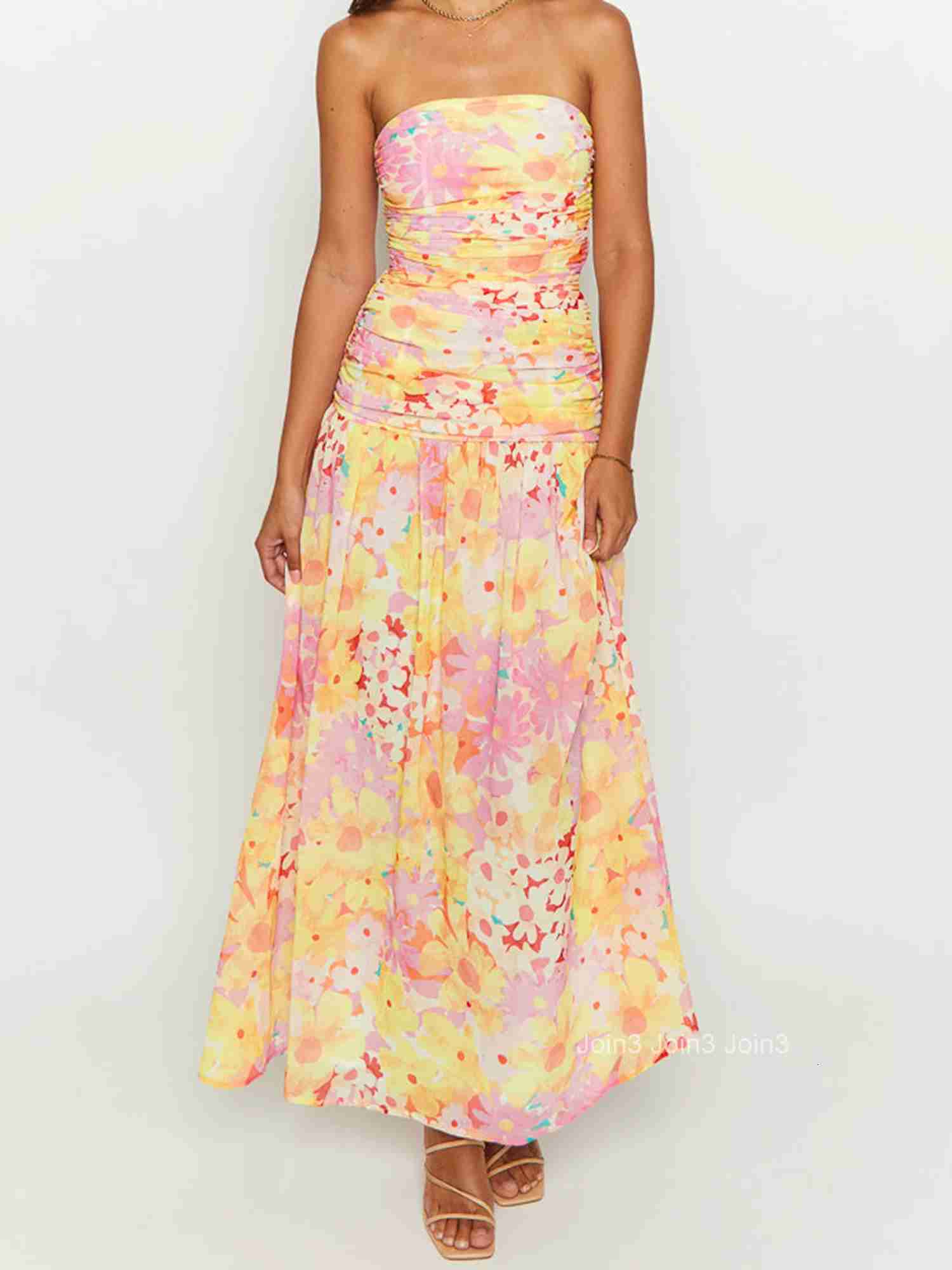 Womens Floral Print Maxi Dress Sleeveless V-neck Empire Waist Summer Dress with Ruffle Hem and Adjustable Straps