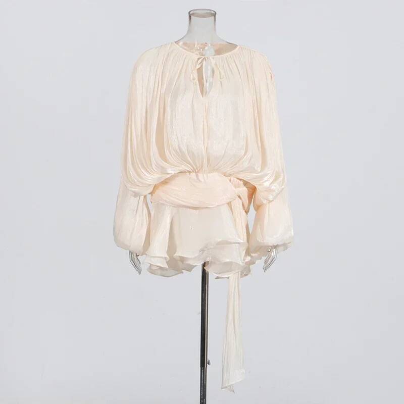 2025 Elegant Shiny Lace Up Women's Backless Ruffles Dress Chic Solid Lantern Sleeve A-Line Mini Dresses New Lady Street Vestidos