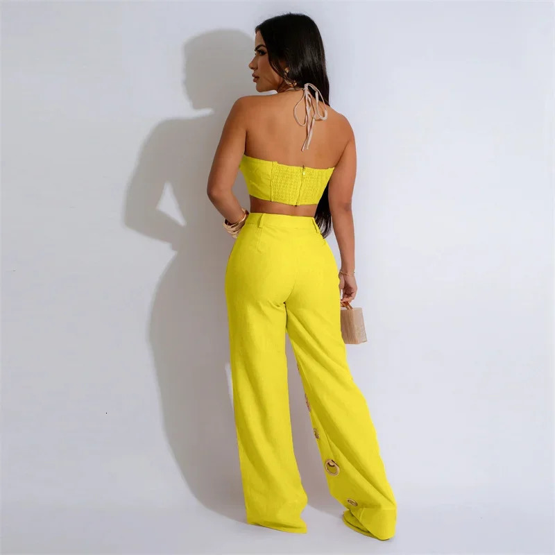 Sexy Night Party 2 Piece Sets Women Outfit Clubwear Festival Clothing Halter Strapless Crop Top and Hollow Out Wide Leg Pants 250605