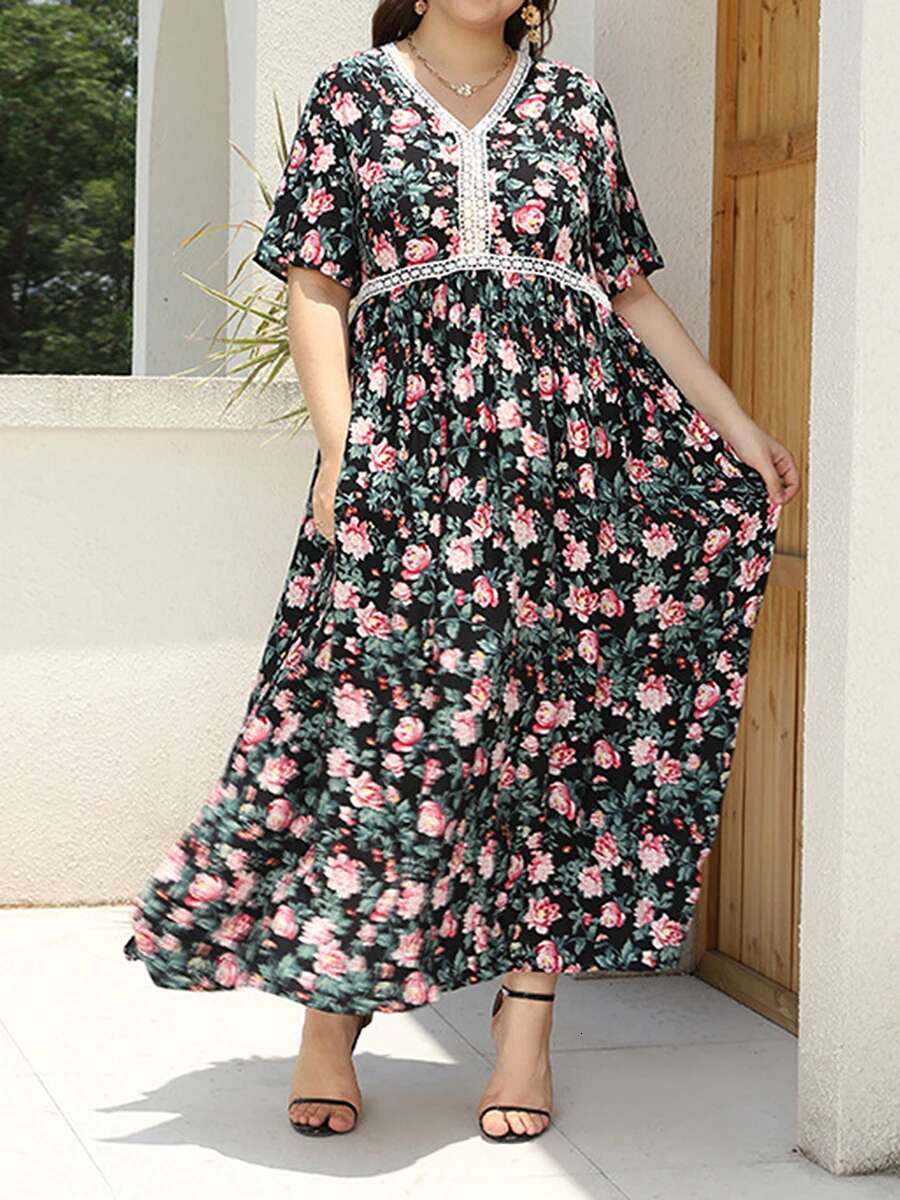 Women Plus Size Dress Boho Style Sleeveless Maxi Dress with Floral Print V-neckline for Summer Beach Holiday Casual Wear