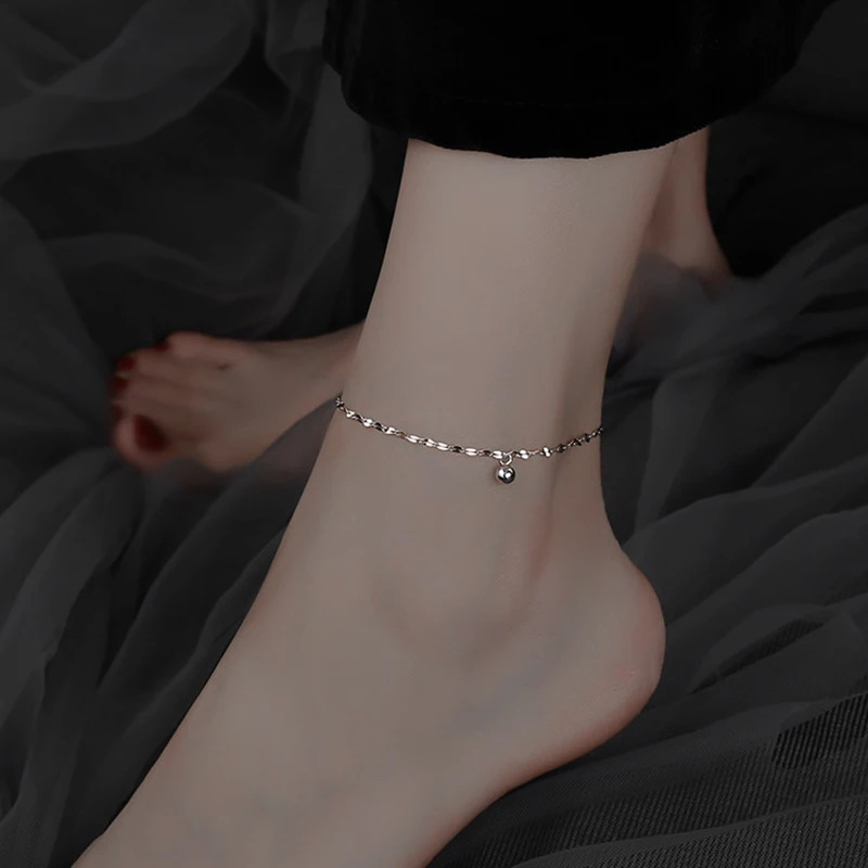 Minimalism Silver Color Beads Anklet for Women Summer Beach Simple Flat Chain Bracelet Barefoot Anklet Jewelry Daily Wear 250528