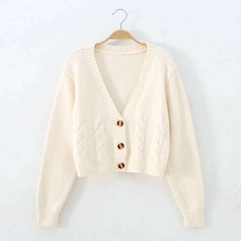 Neck Cropped Women Long Sleeve Twist Knitted Sweater Coats Autumn Winter Keep Warm Korean Fashion Jacket Cardigan