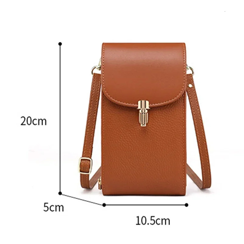 Genuine Leather Phone Bag Solid Color Flip Round Lock Bag Womens Crossbody Bag with Long Shoulder Strap and Credit Card Slot 250606