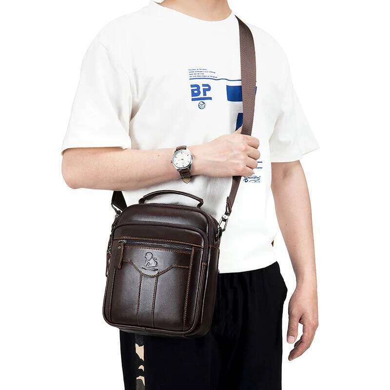 Men's crossbody fashionable leather bag, trendy retro men's top layer cowhide shoulder bag