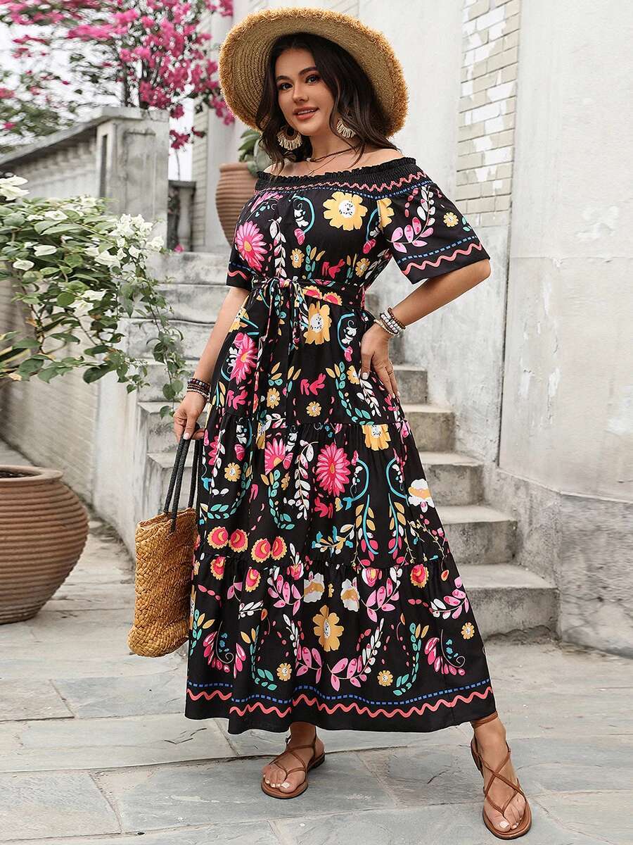 Womens Floral Print Off-shoulder Maxi Dress Elegant Summer Swing Dress for Beach Vacation or Special Occasions