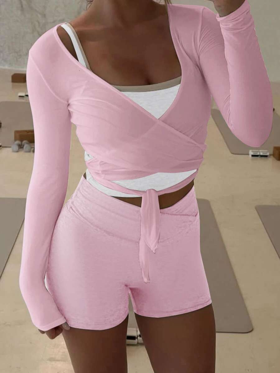 Womens Solid Color V-neck Long Sleeve Yoga Top with Tie-up Front - Seamless Workout Shirt for Fitness and Exercise