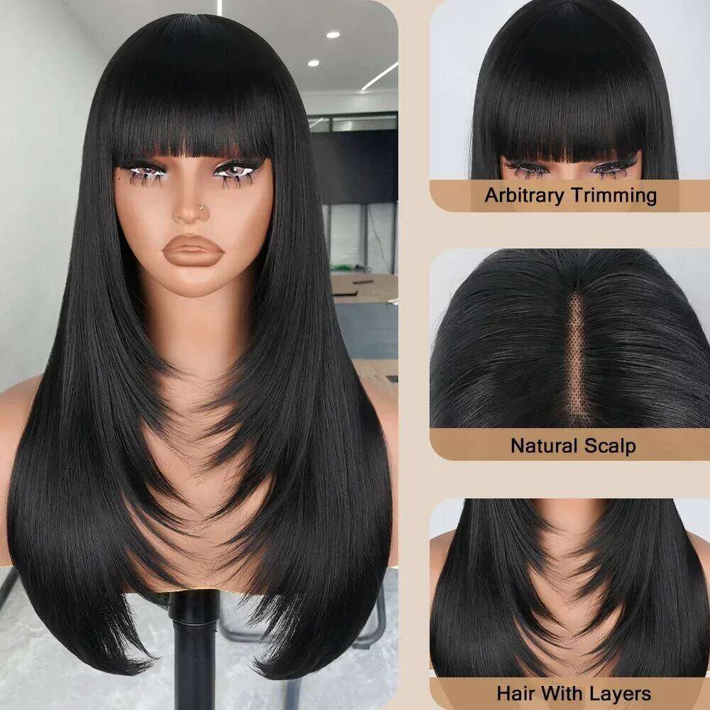 NAMM Straight Cut Wigs with Bangs HD Fake Scalp Synthetic Natural Layered Lace For Women Glueless Heat Resistant Wig