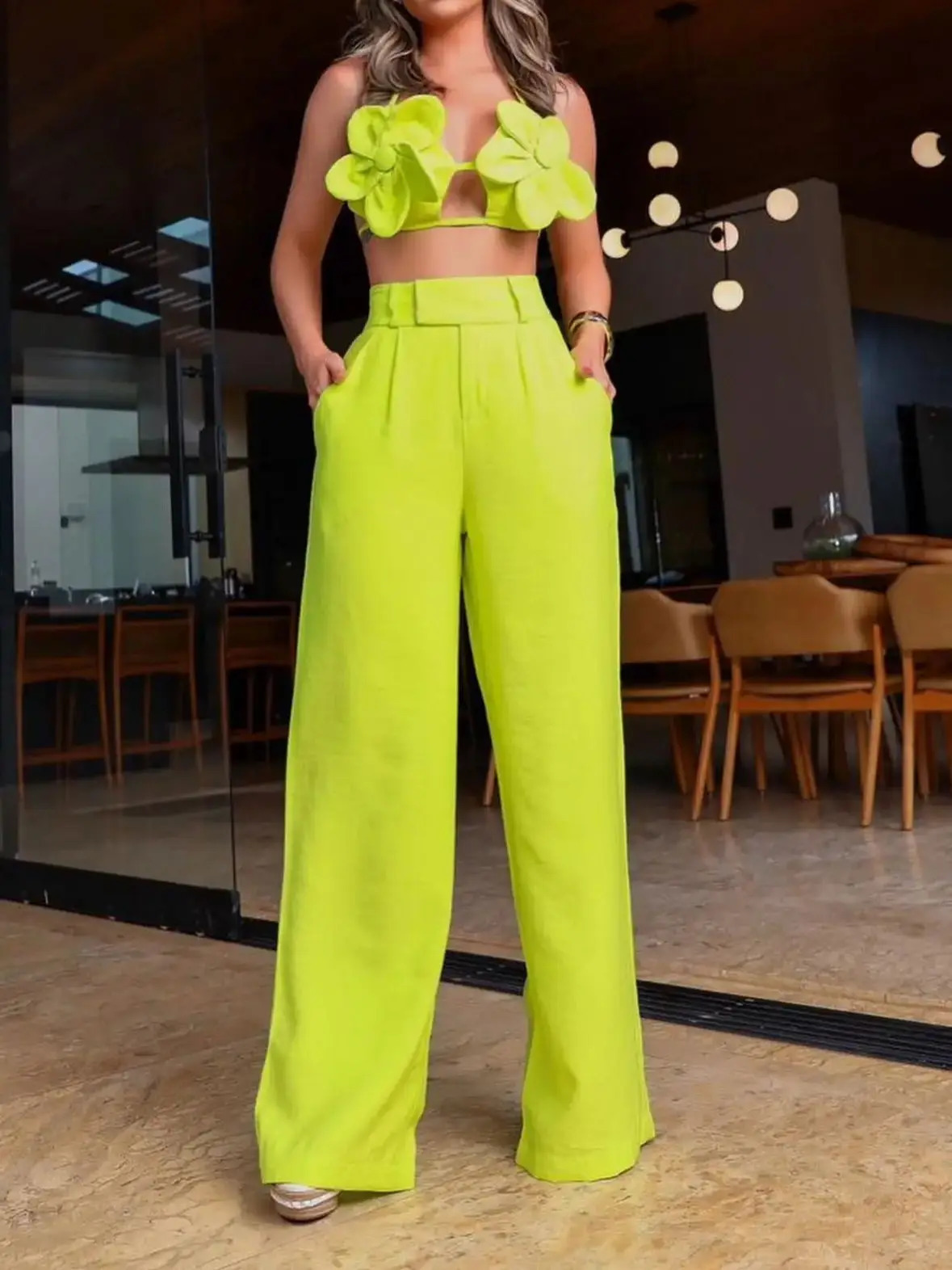 Two Piece Set With Pants Summer Elegant Solid Women Sleeveless Sexy Short Top Wide Leg Pants Suit Office Lady Clothing 250605