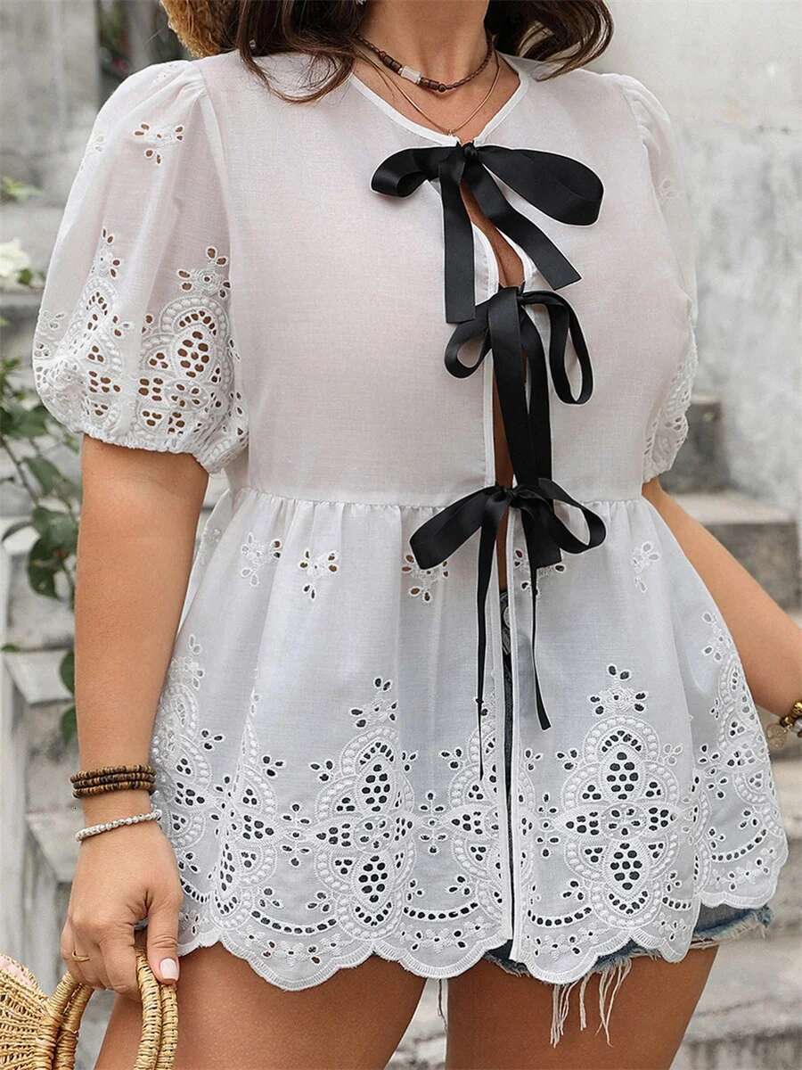 Womens Plus Size Summer T-shirt with Cutout Lace Detail and Tie Front Short Sleeve for Casual Streetwear Fashion