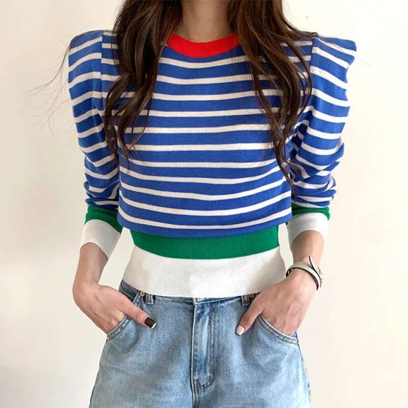 2024 Autumn Pull Femme Striped Sweet Puff Sleeve Short Sweaters Women Slim Korean Chic Fashion Winter Pullovers 18411