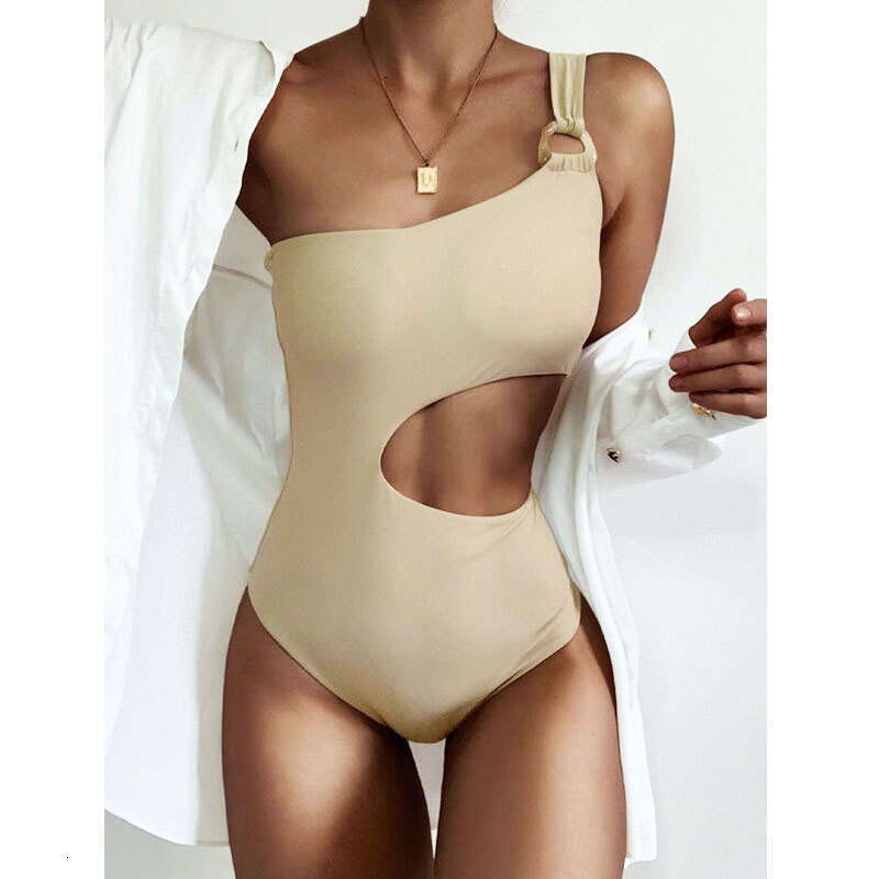 Summer European and American Solid Color One-Piece Swimsuit for Women Sexy Single Shoulder Strap Beach Swimwear 2025 Elegant Versatile New Trendy Fash