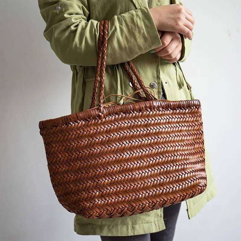New Summer French Hand-Woven Retro Hand-Child Handbag Split Leather Rattan High Quality Vegetable Basket Bag