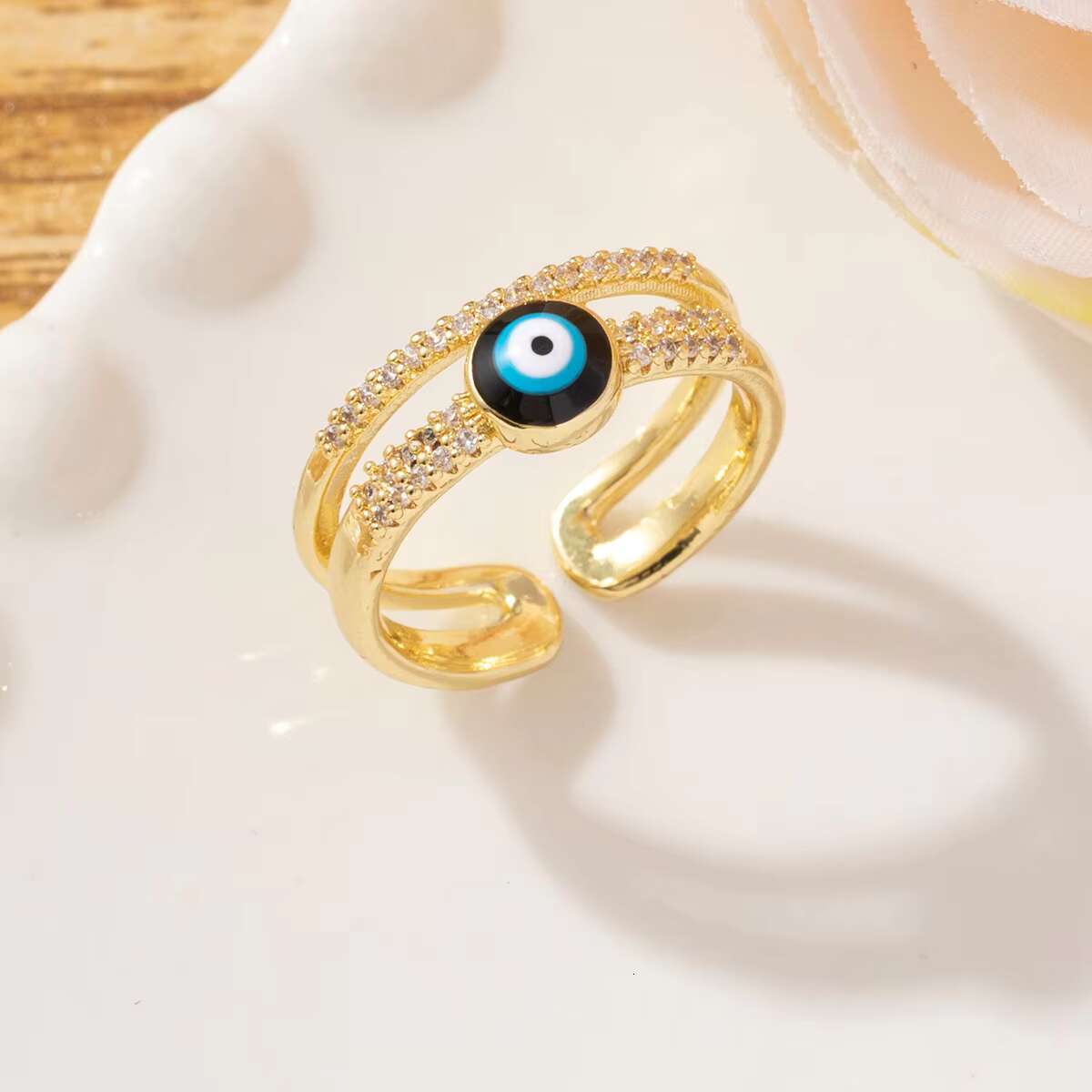 Laboratory cultured diamond ring; Unique multi-colored evil eye ring; 925 silver 18K gold open adjustable ring; Jewelry