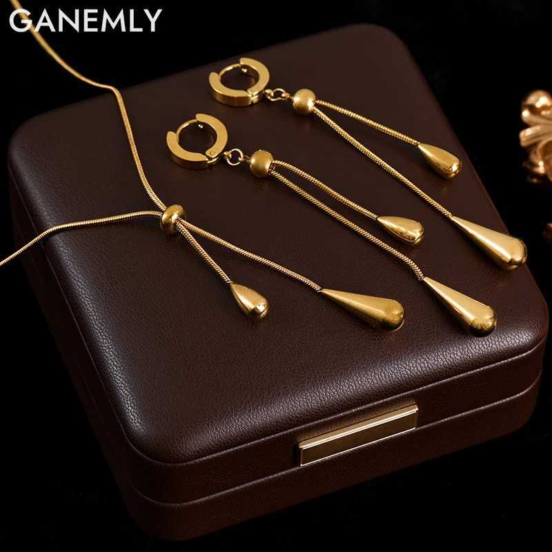 GANEMLY 316L Stainless Steel Gold Color Teardrop Tassel Necklace Earrings Set For Women Fashion Waterproof Jewelry Set Lady Gift Z250607