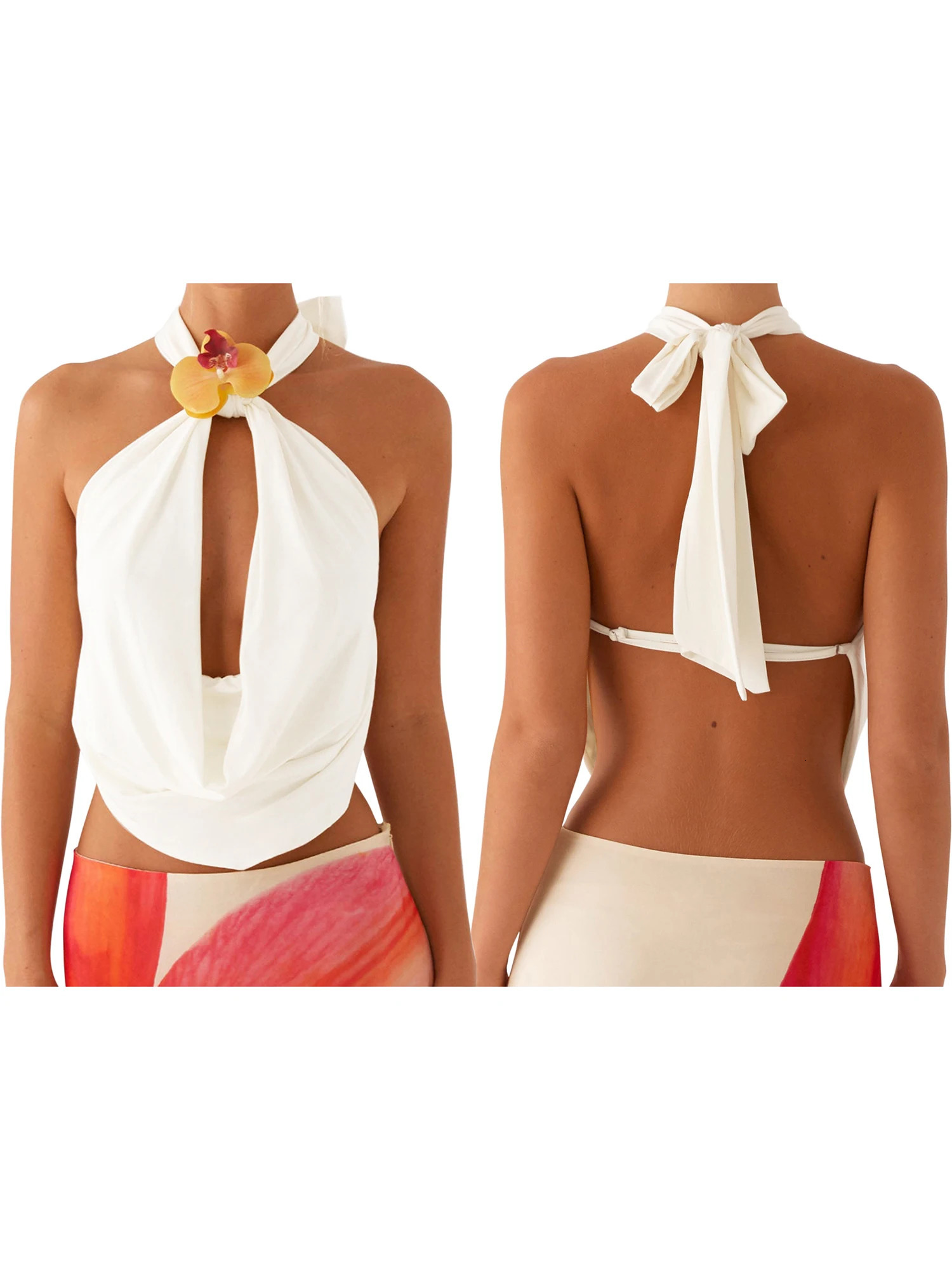 Womens Elegant Lace Halter Neck Sleeveless Blouse with 3d Floral Embroidery and Open Back Design for Summer Beach Party