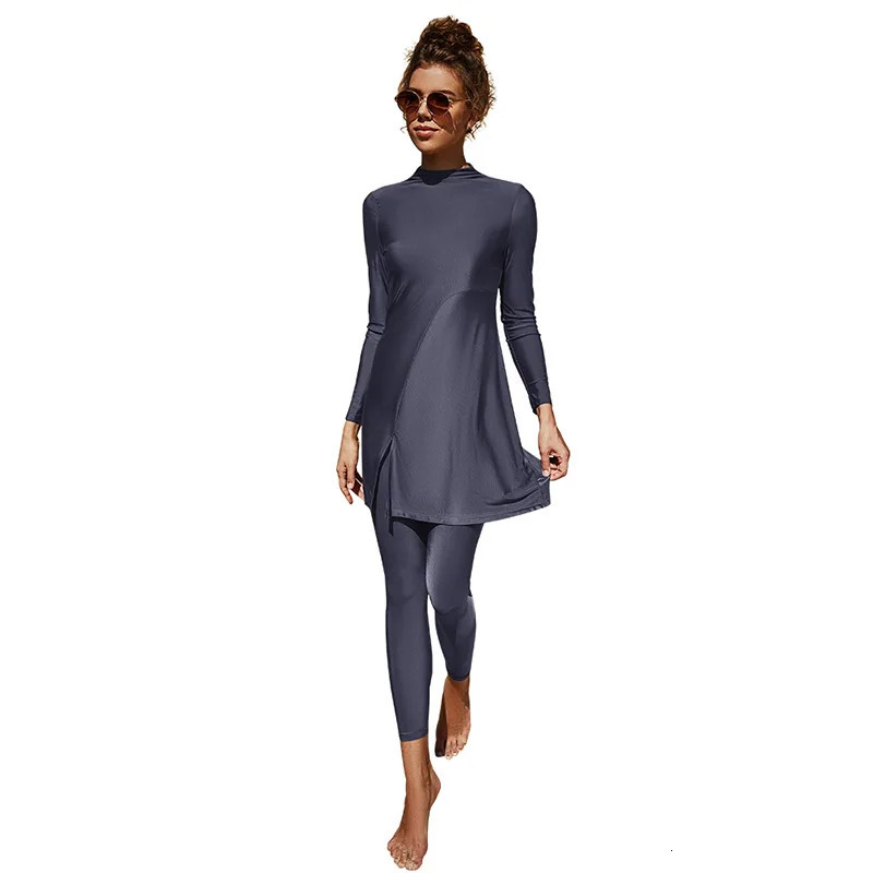 Arab Swimsuit Two-piece Conservative Beach Surfing Sun Protection Swimsuit Muslim Solid Color Long Sleeved Pants Full Wrap Swims 250605