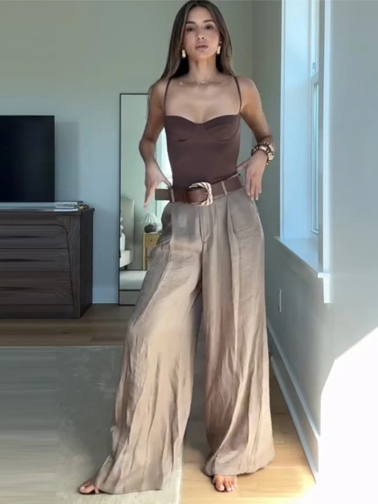 Womens Straight Pants Solid High Waist Belt Pockets Wide Leg Long Trousers Female 2025 Spring Lady Vintage High Street Wears 250605