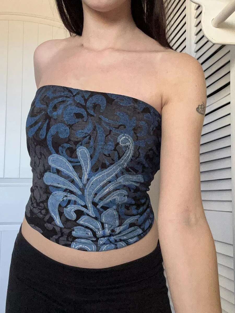 Womens Floral Print Ruffle Off Shoulder Crop Top Sleeveless Bandeau Tube Top Fit Strapless Blouse Shirt