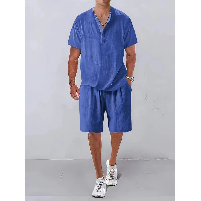 Fashion Men Sets Mens Solid Color Summer Stand Collar Linen Outfits Short Sleeve Polo ShirtShorts Two Pieces Men Casual Suit 250605