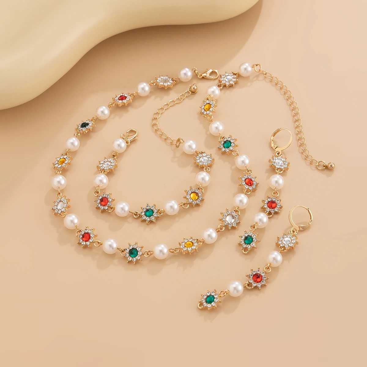 SHIXIN Luxury Shinny Colorful Rhinestone Short Necklace Earrings Women Imitation Pearl Choker Christmas Jewelry Set Z250607