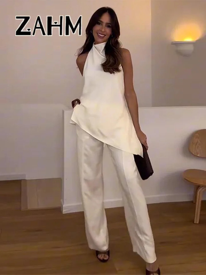 Elegant Satin Top Pants Sets Women Asymmetric Halter Backless Vest Lace Up Wide Leg Trousesr Female 2025 Summer Lady Outfits 250605