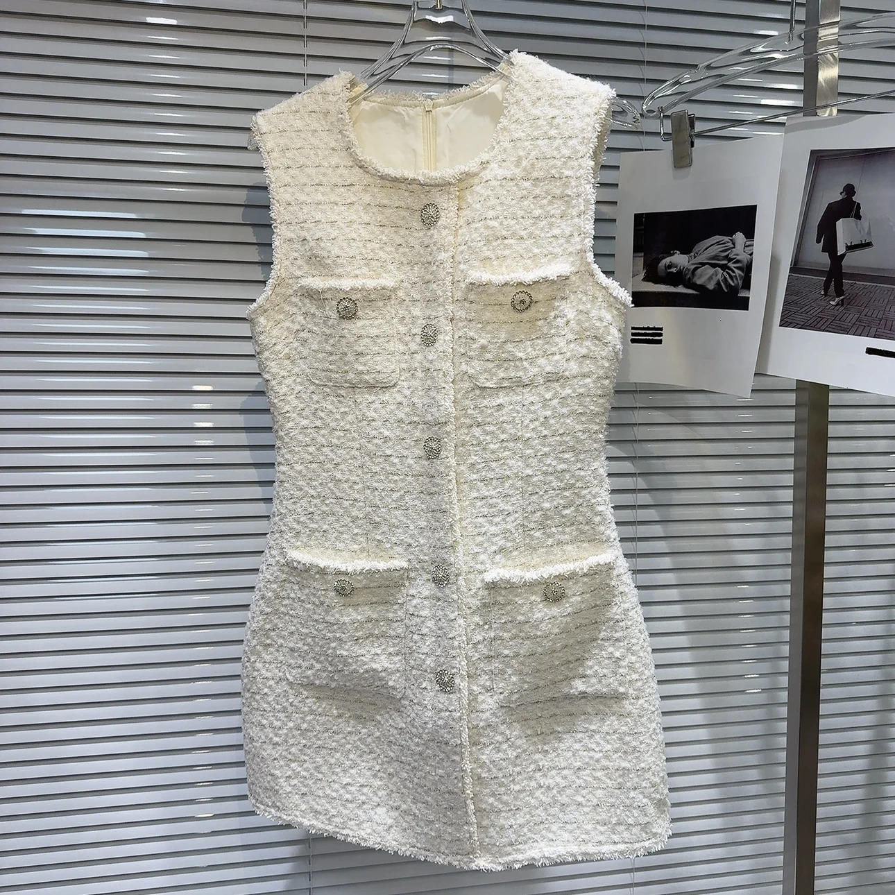 PREPOMP Autumn Arrival Sleeveless Rhinestone Buttons Tweed Short Tank Dress Women GS113 250603