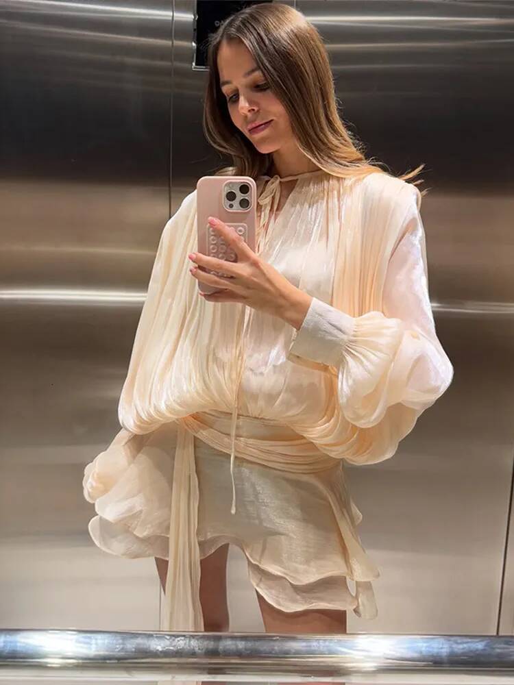 Fashion Women's Ruffles Short Dress Elegant Round Neck Lace Up Lantern Long Sleeve Mini Vestido Chic Female 2025 Solid Dresses