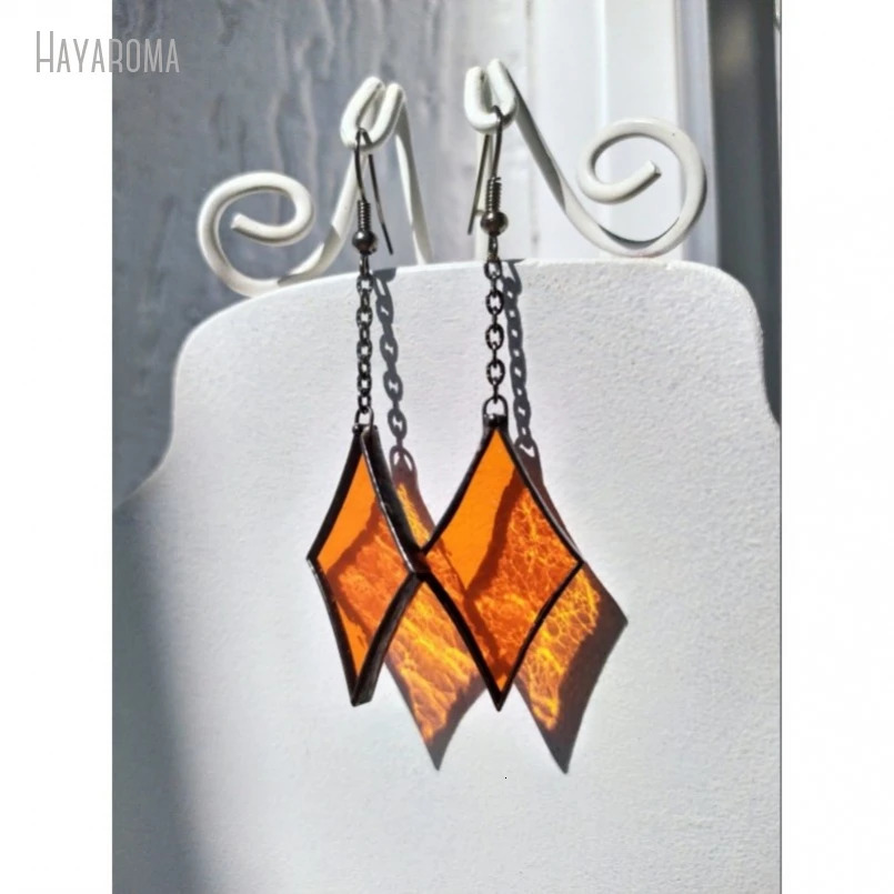 Gunmetal Color Black Orange Stained Glass Sun Catcher On Chain Blazing Soldered Jewelry Gift Elegant Earring ER39875 250604
