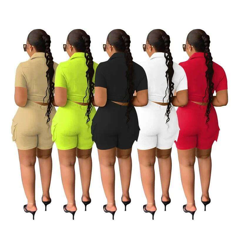 Streetwear Two Piece Set For Women Summer Outfits Pockets Sleeve Button-Up Shirt Top Short Party Club Matching Sets