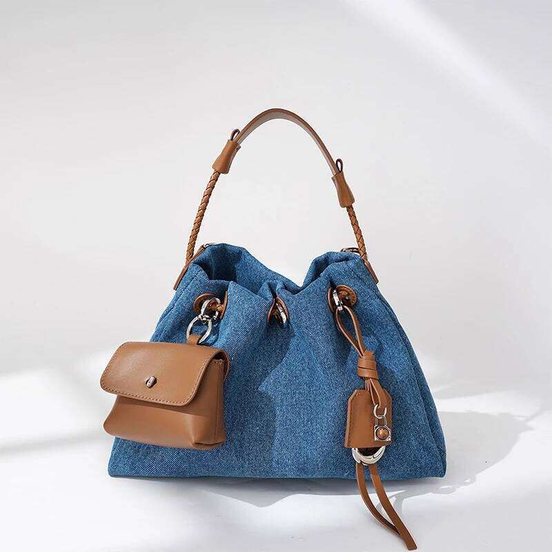 Niche Handbag Denim Leather Patchwork Shoulder Tassel Design Crossbody Cloud Bag Multifunctional Coin Purse