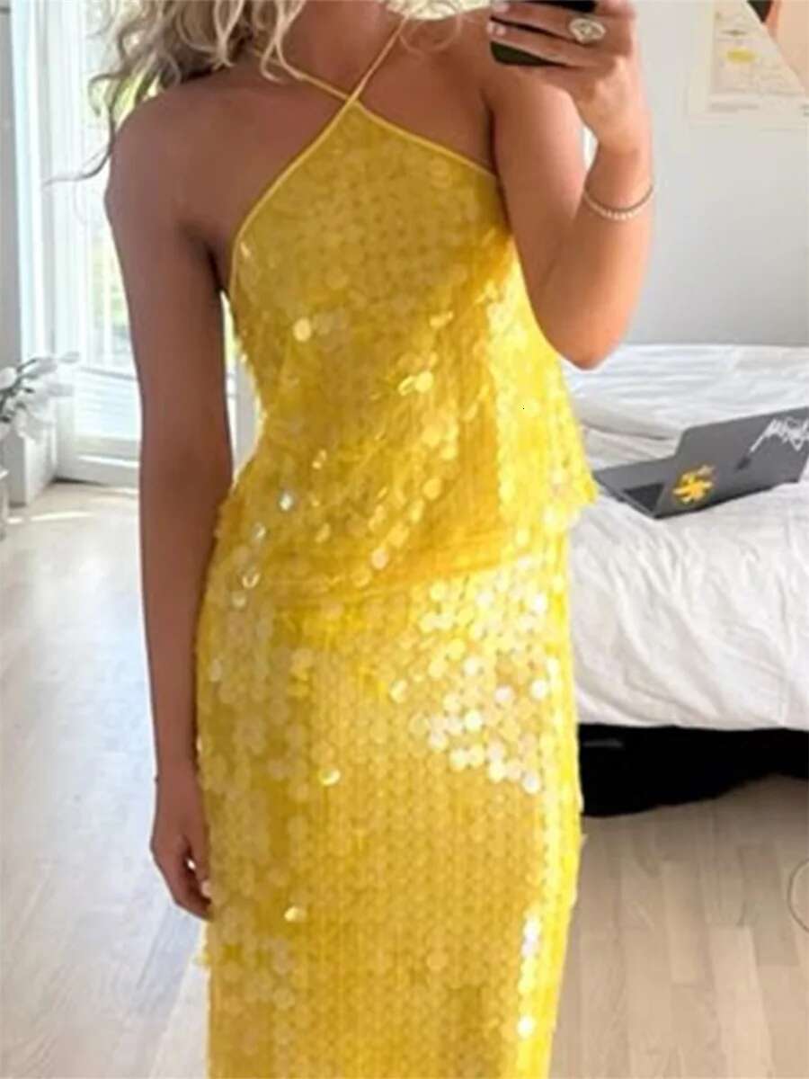 Sequin Embellished Tie-up Halter Neck Tank Top for Womensleeveless Summer Vest with Casual Streetwear Vibe