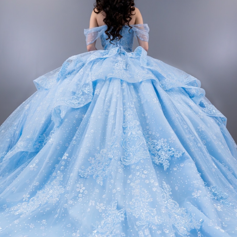 Sky Blue Shiny Quinceanera Dresses Ball Gown Off The Shoulder Sequin Applique Lace Beading Tull Sweet 16 Dress Vestidos 15 De Anos