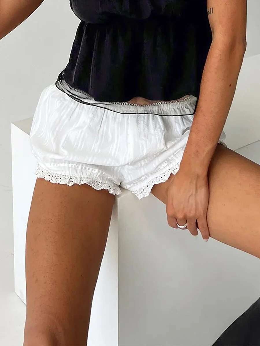Womens Fashion Shorts Lace Trim Elastic Waist Short Pants Summer Fashion Casual Shorts with Floral Embroidery Detail and