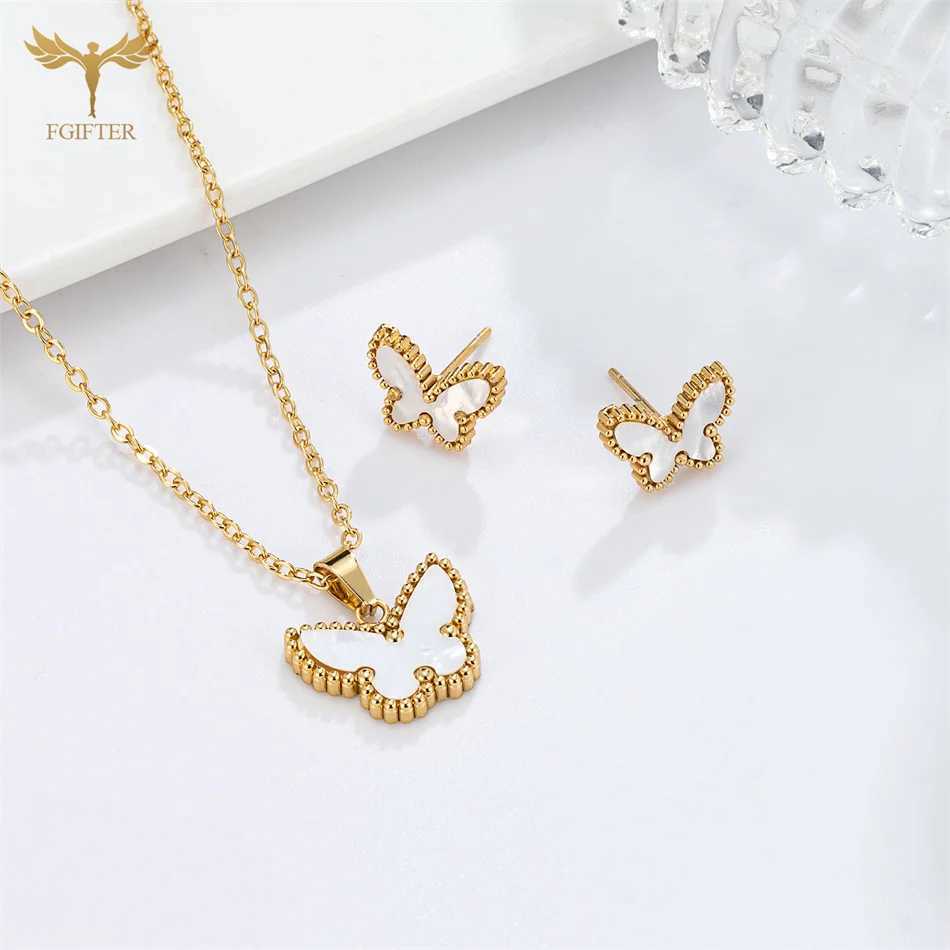 Golden Stainless Steel Shell Butterfly Necklace Earrings Jewelry Set White Black Red Green Butterfly Stud Pendant Girl Gifts Z250607