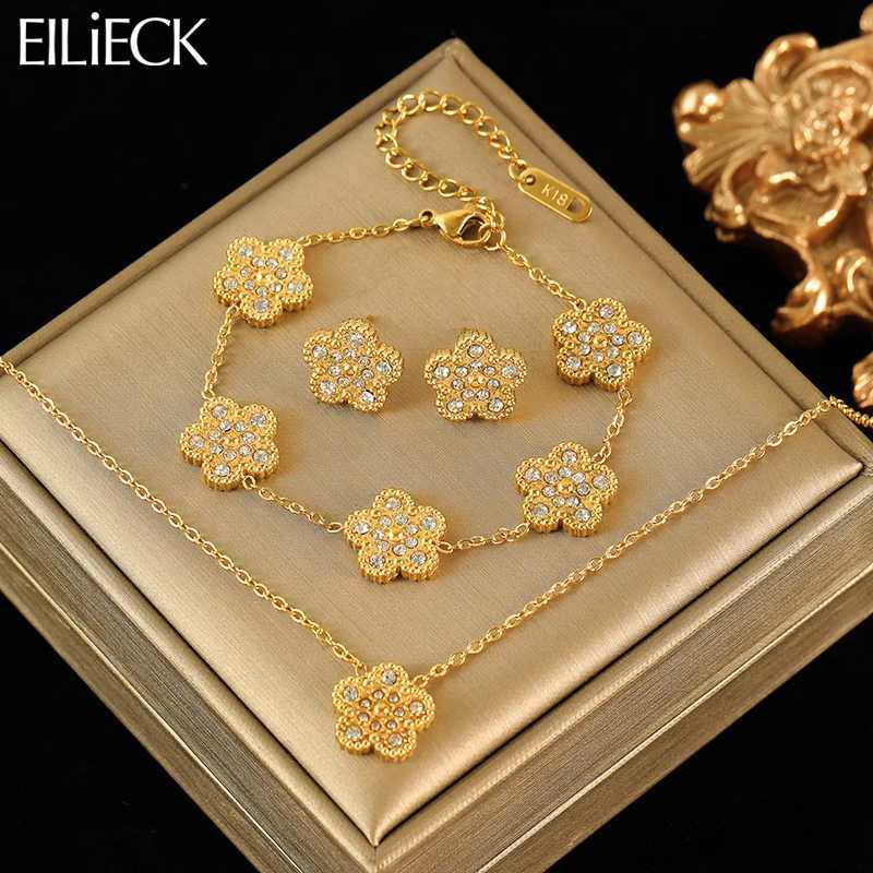 EILIECK New Fashion Stainless Steel White Zircon Necklace Earrings Set For Women Trendy Flower Jewelry Set Gift Z250607