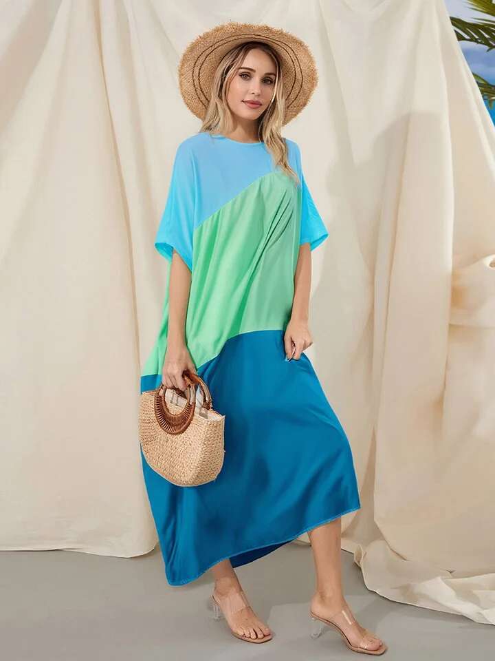 Elegant Maxi Dress Short Sleeve V-neck Floral Print A-line Boho Beach Party Dress with Pockets for Women