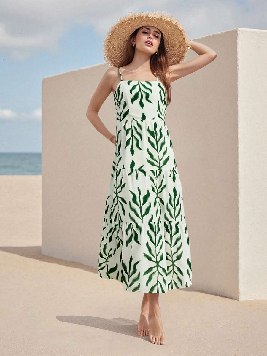 Floral Print Sleeveless Maxi Dress with Square Neckline and Tiered Ruffle Hem Backless A-line Cami Dress for Women