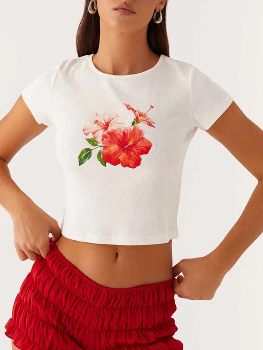 Womens Casual Floral Print Short Sleeve Crop Top Round Neck Fit T-shirt for Summer Beach Vacation