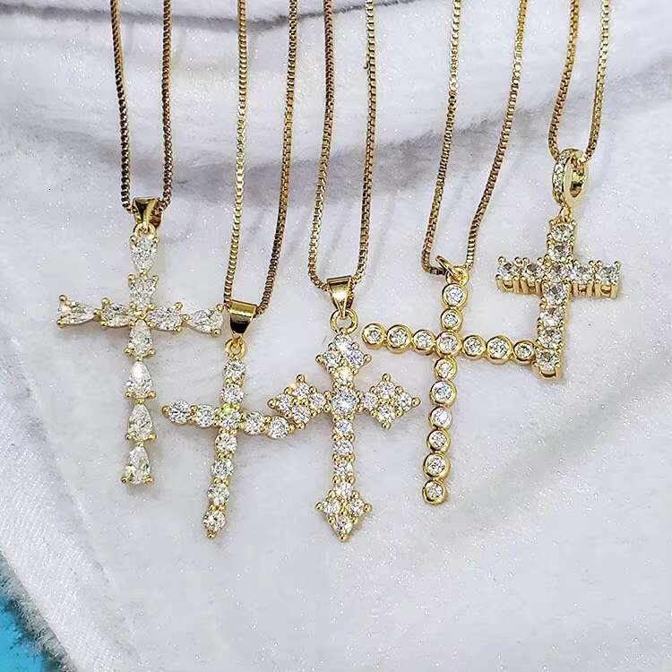 NS1082 High Quality Diamond Christian Religion Jewelry Gold Plated Stainless Steel Chain CZ Micro Pave Cross Pendant Necklace